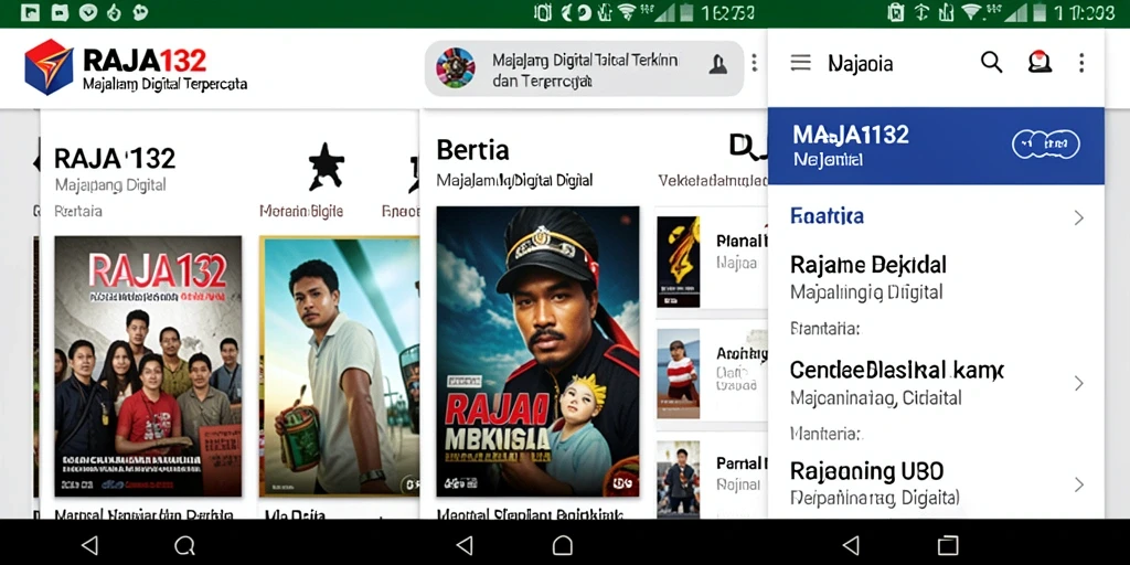Antarmuka menarik aplikasi RAJA132 dengan berbagai kategori berita.