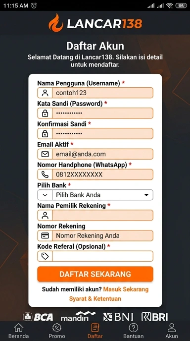 Tampilan halaman daftar lancar138